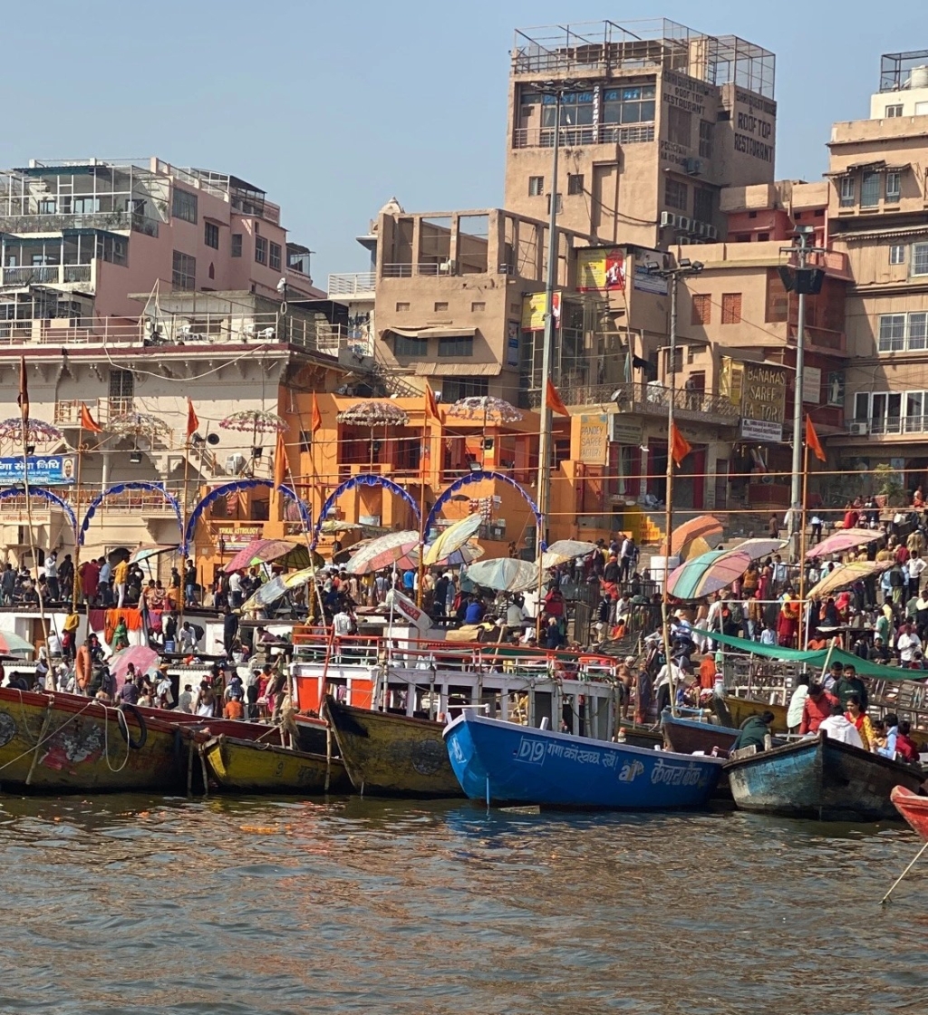 Image of several coloured boats lined up on the river bank