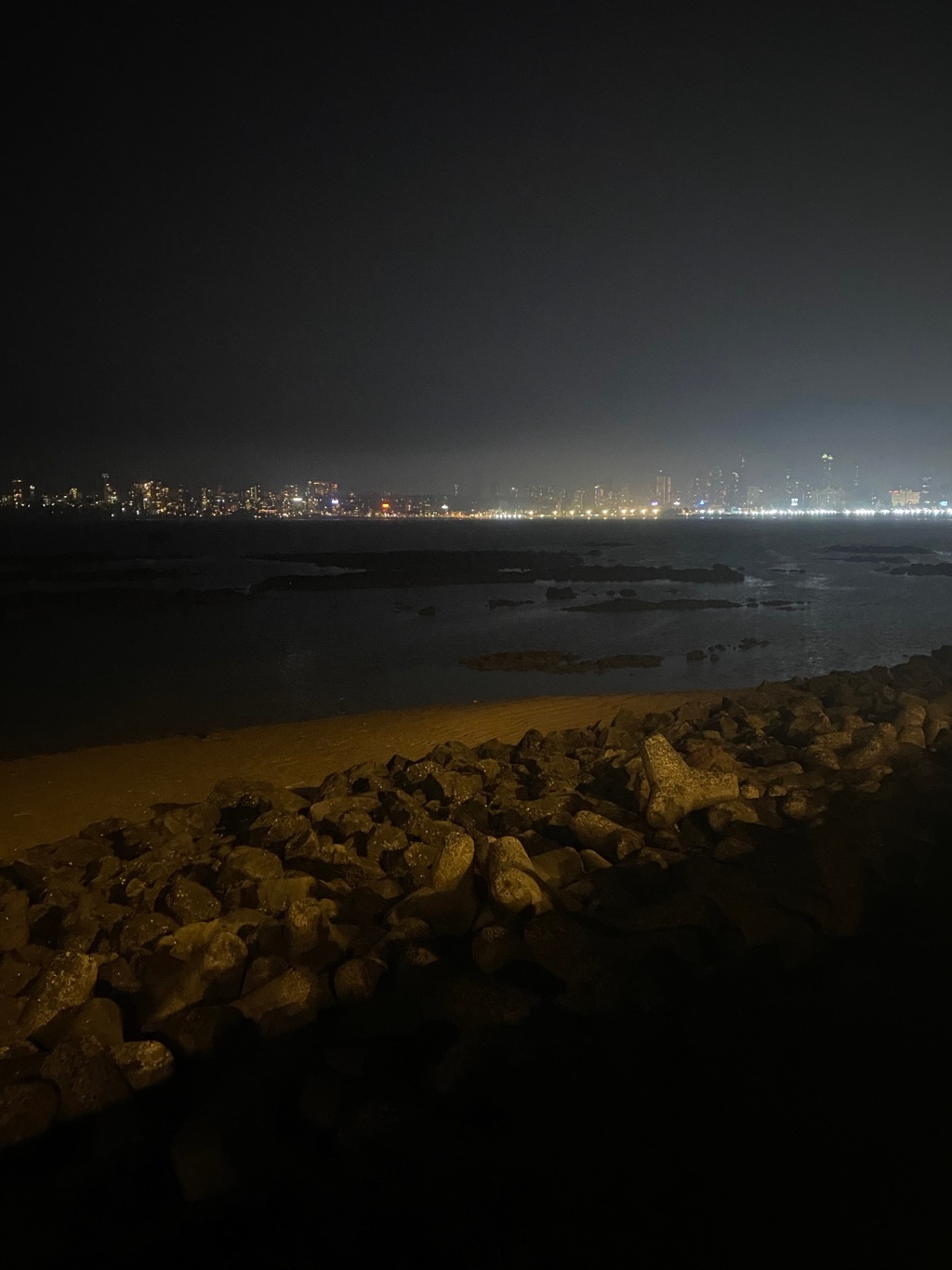 Image of night time skyline across the coast with city lights on the horizon